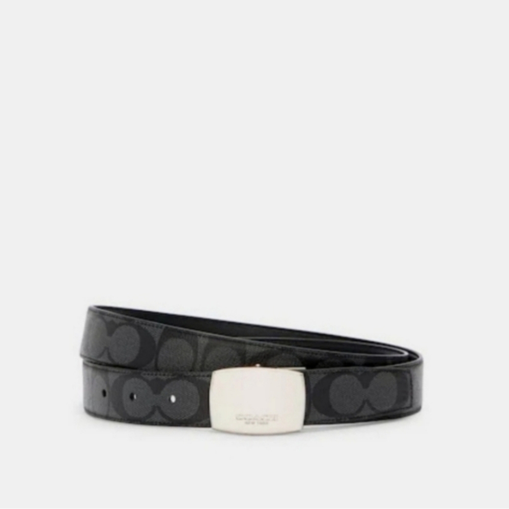 Coach Black Brown Leather Monogram Logo Mod Plaque Reversible Belt